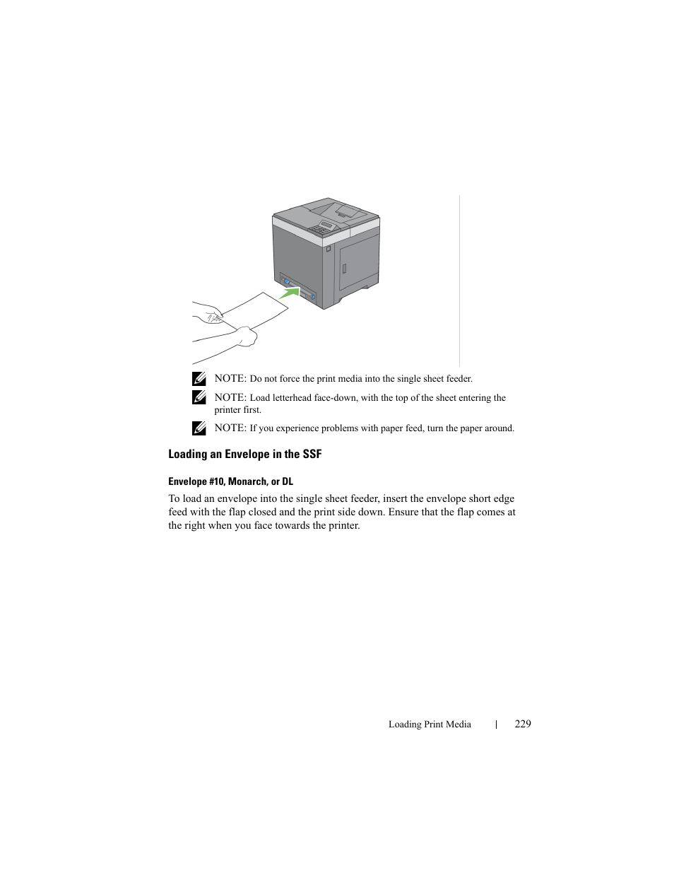 Loading an envelope in the ssf | Dell 2150cn/cdn Color Laser Printer User Manual | Page 231 / 495