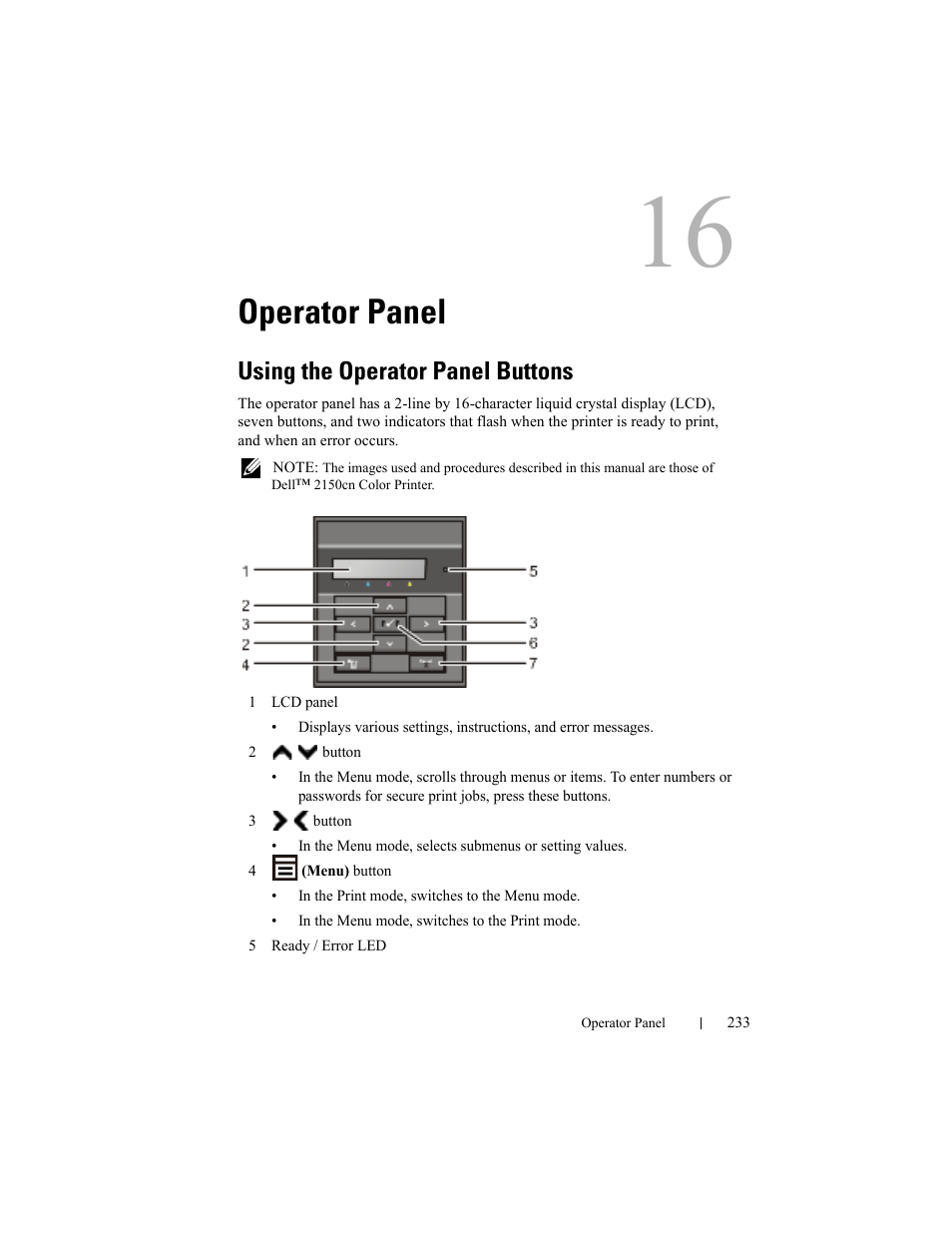 Operator panel, Using the operator panel buttons | Dell 2150cn/cdn Color Laser Printer User Manual | Page 235 / 495