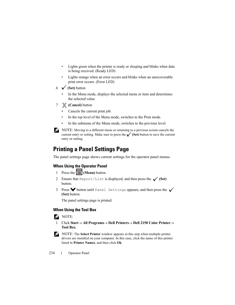 When using the operator panel, When using the tool box, Printing a panel settings page | Dell 2150cn/cdn Color Laser Printer User Manual | Page 236 / 495