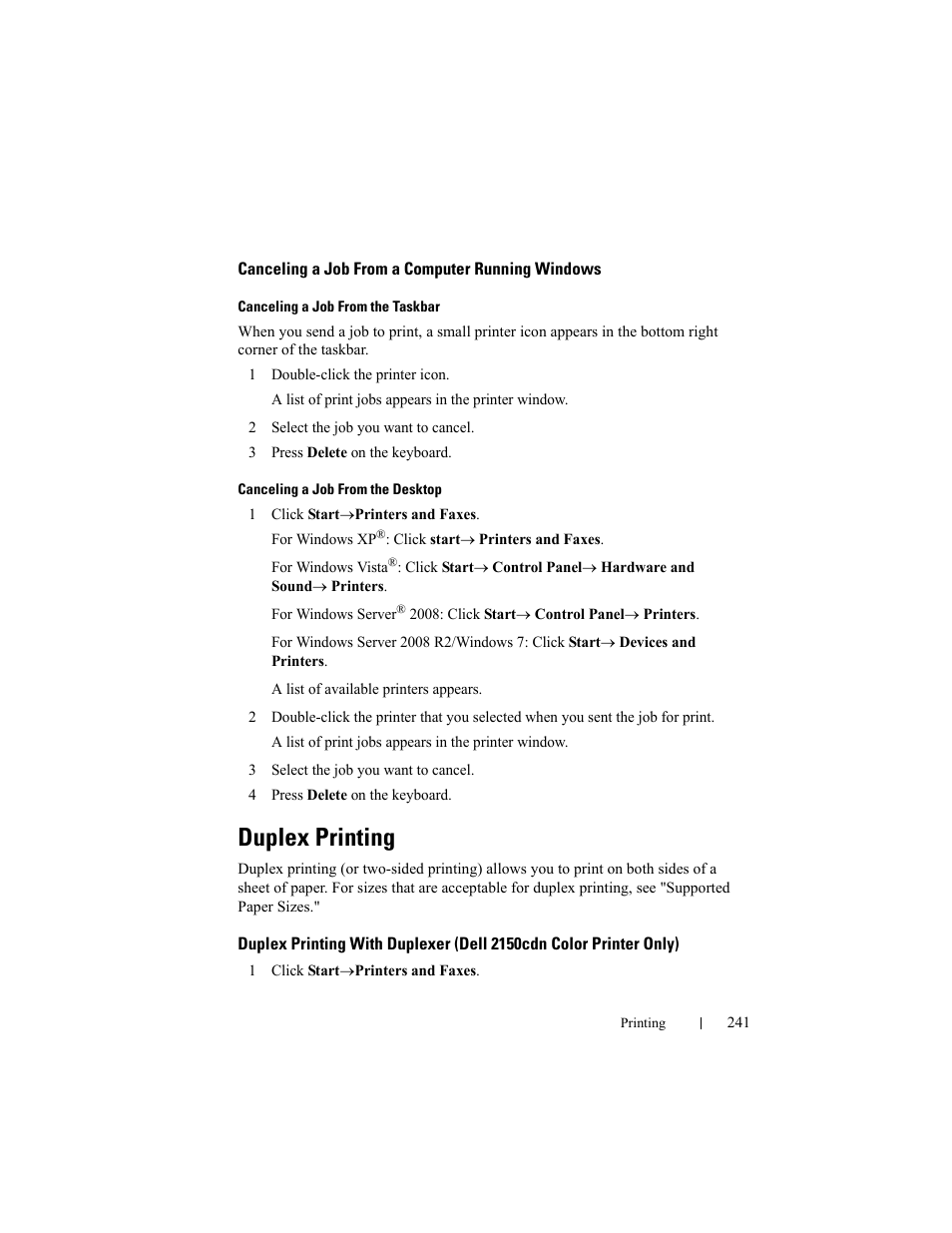 Canceling a job from a computer running windows, Duplex printing | Dell 2150cn/cdn Color Laser Printer User Manual | Page 243 / 495