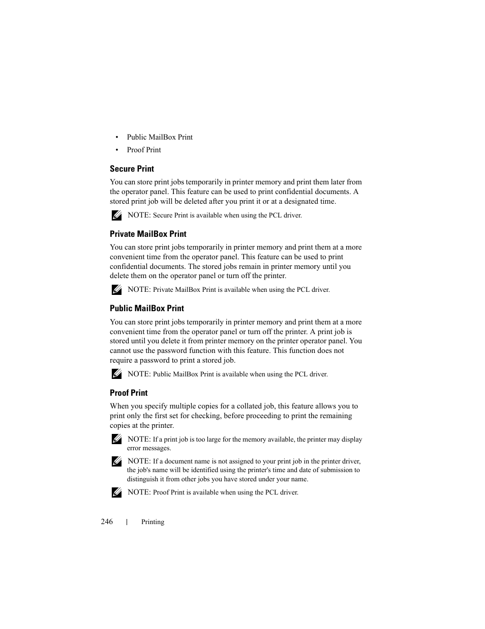 Secure print, Private mailbox print, Public mailbox print | Proof print | Dell 2150cn/cdn Color Laser Printer User Manual | Page 248 / 495