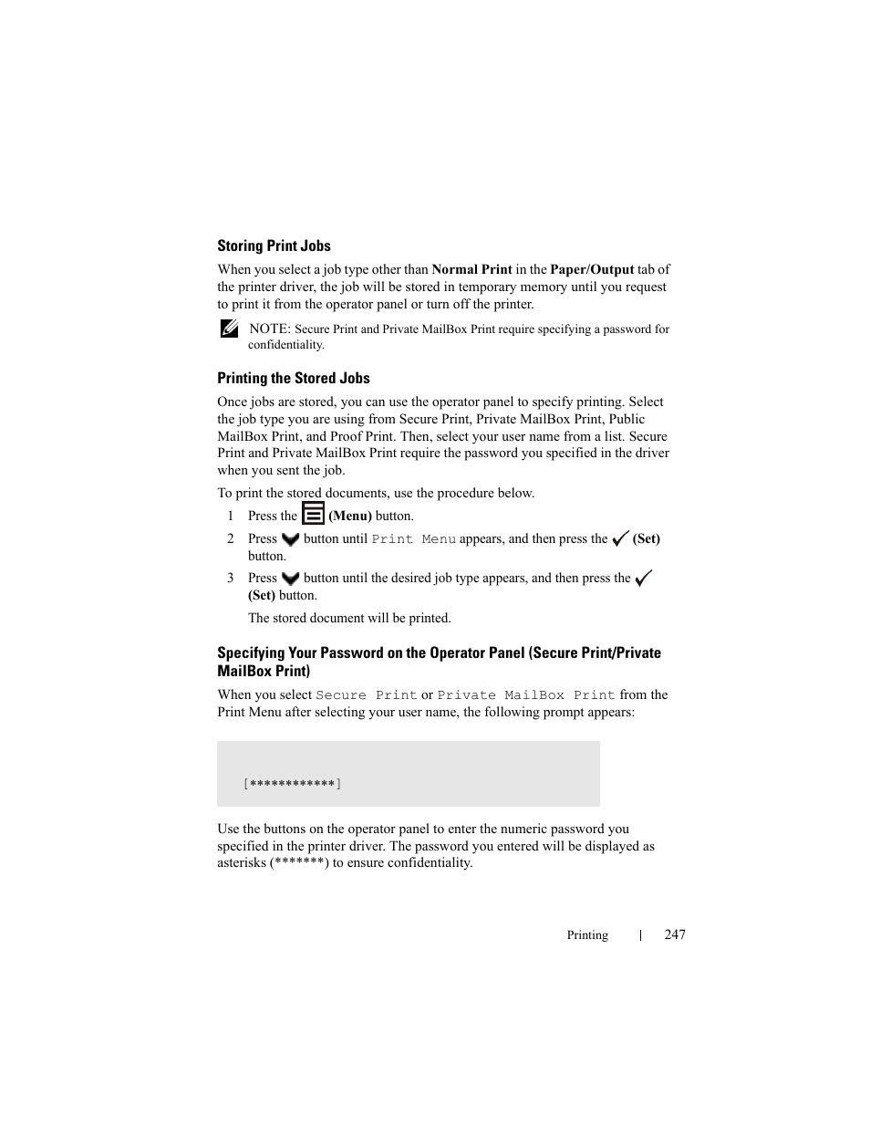 Storing print jobs, Printing the stored jobs | Dell 2150cn/cdn Color Laser Printer User Manual | Page 249 / 495