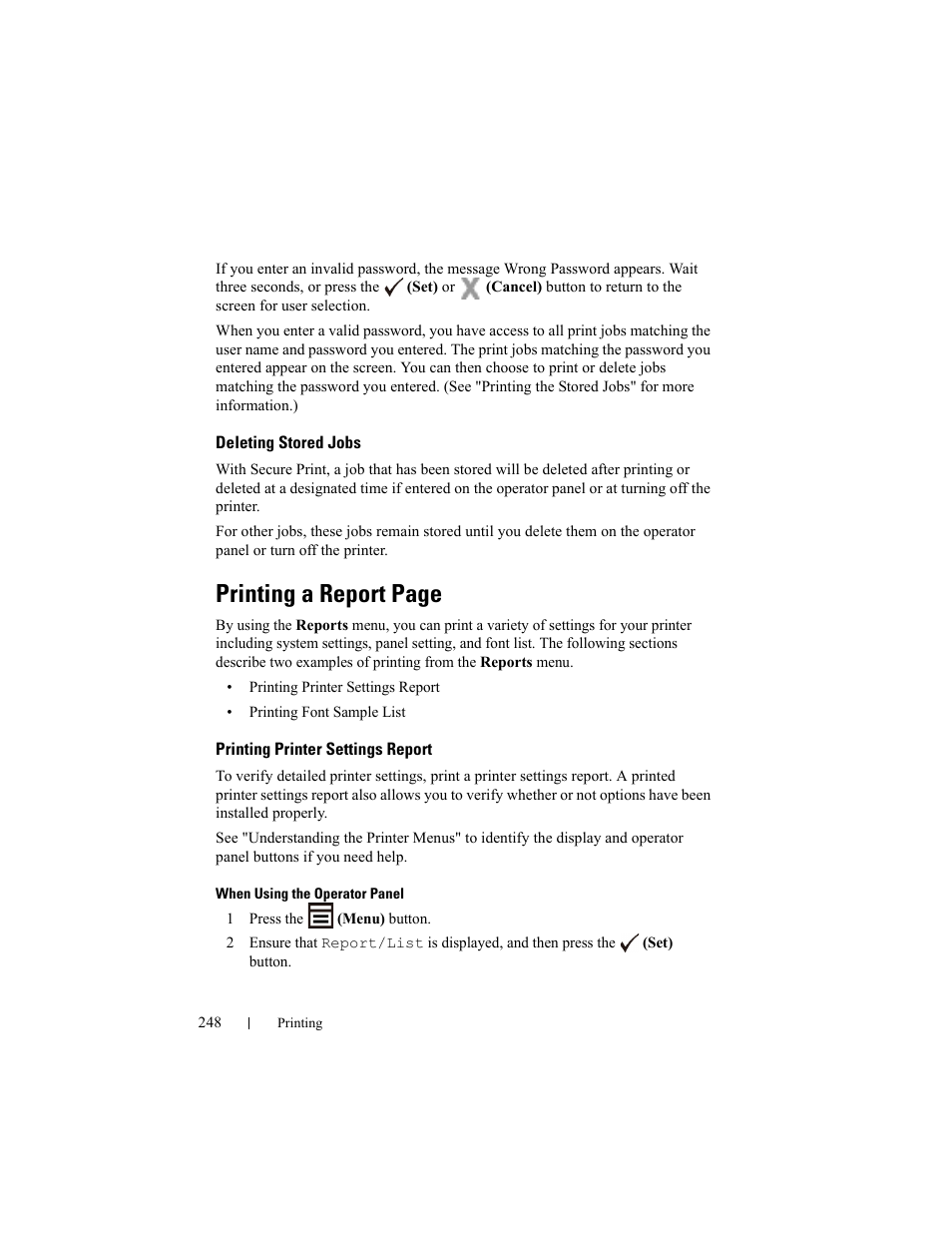 Deleting stored jobs, Printing printer settings report, Printing a report page | Dell 2150cn/cdn Color Laser Printer User Manual | Page 250 / 495