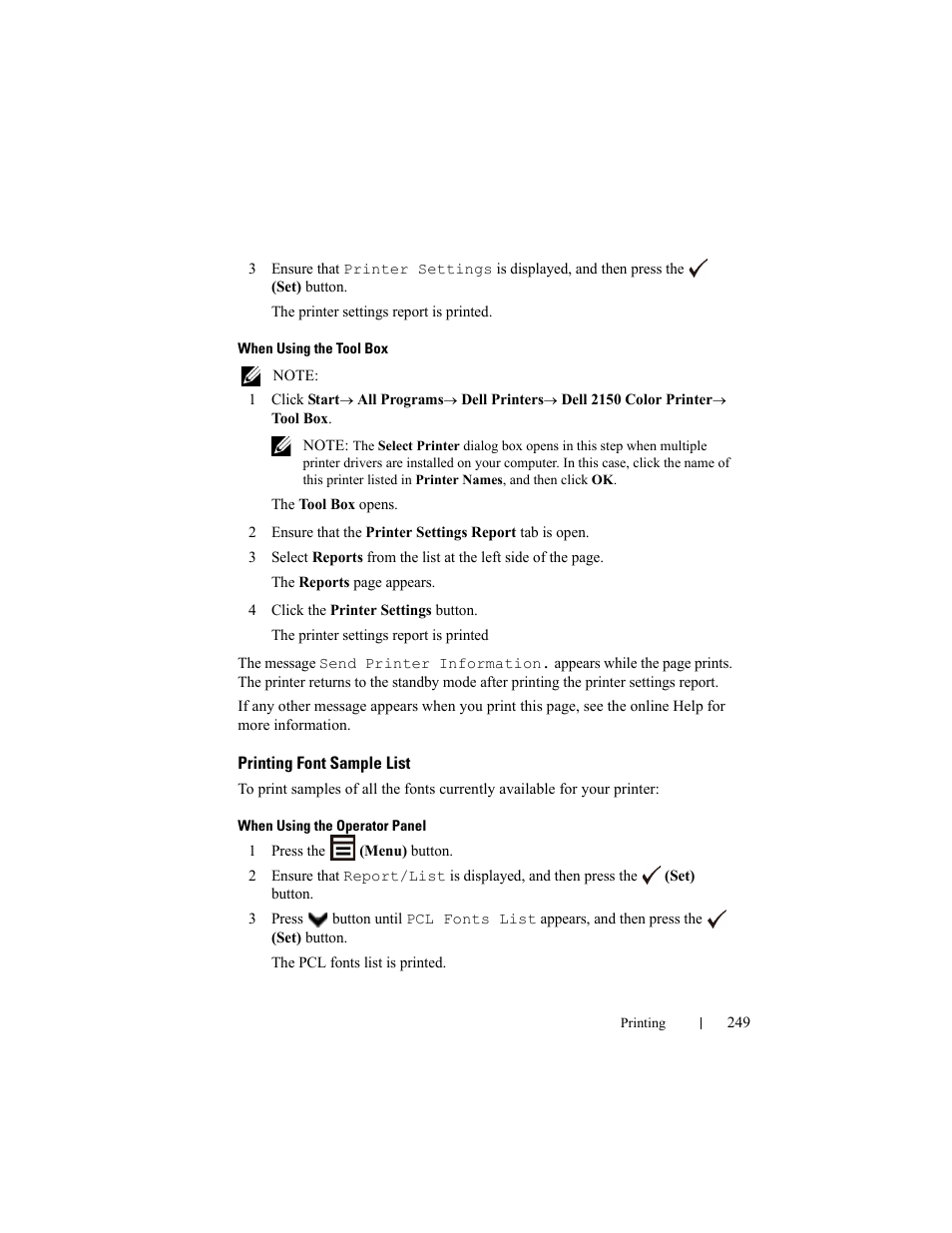Printing font sample list | Dell 2150cn/cdn Color Laser Printer User Manual | Page 251 / 495