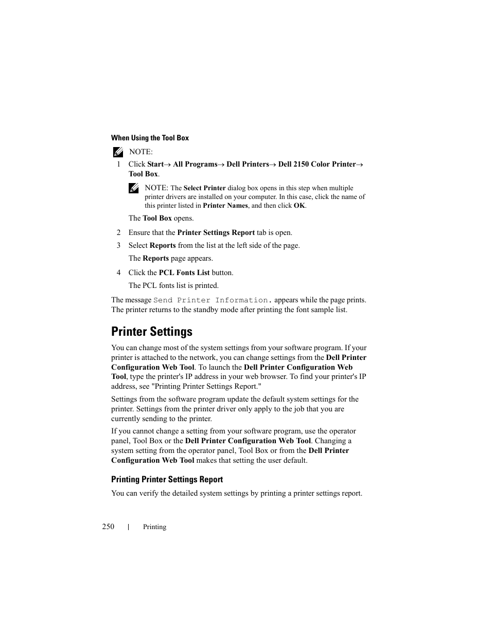Printer settings, Printing printer settings report | Dell 2150cn/cdn Color Laser Printer User Manual | Page 252 / 495