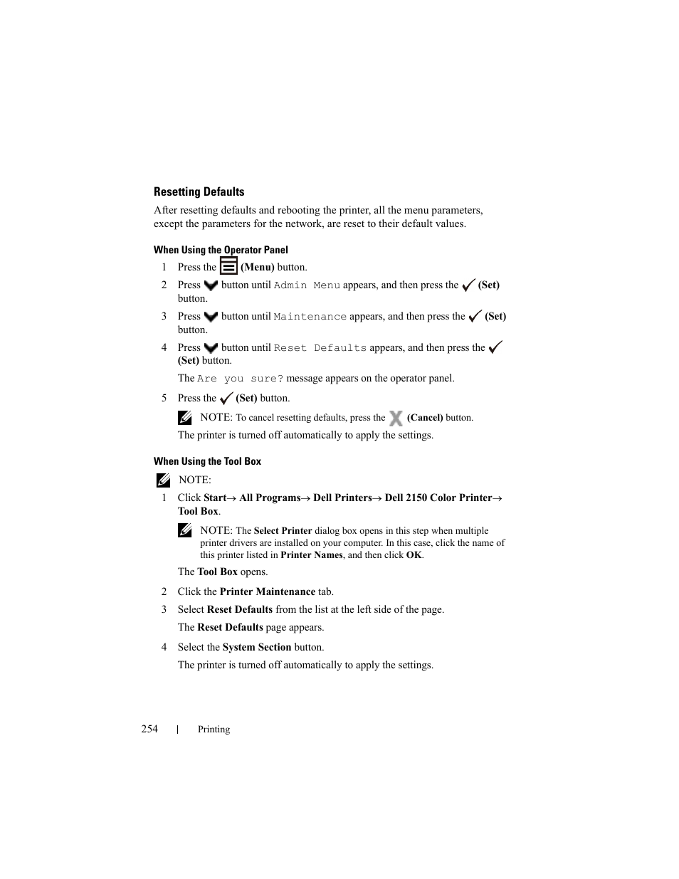 Resetting defaults | Dell 2150cn/cdn Color Laser Printer User Manual | Page 256 / 495