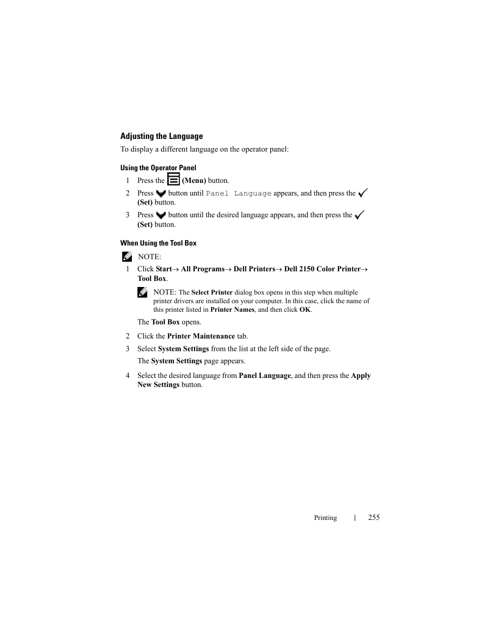 Adjusting the language | Dell 2150cn/cdn Color Laser Printer User Manual | Page 257 / 495