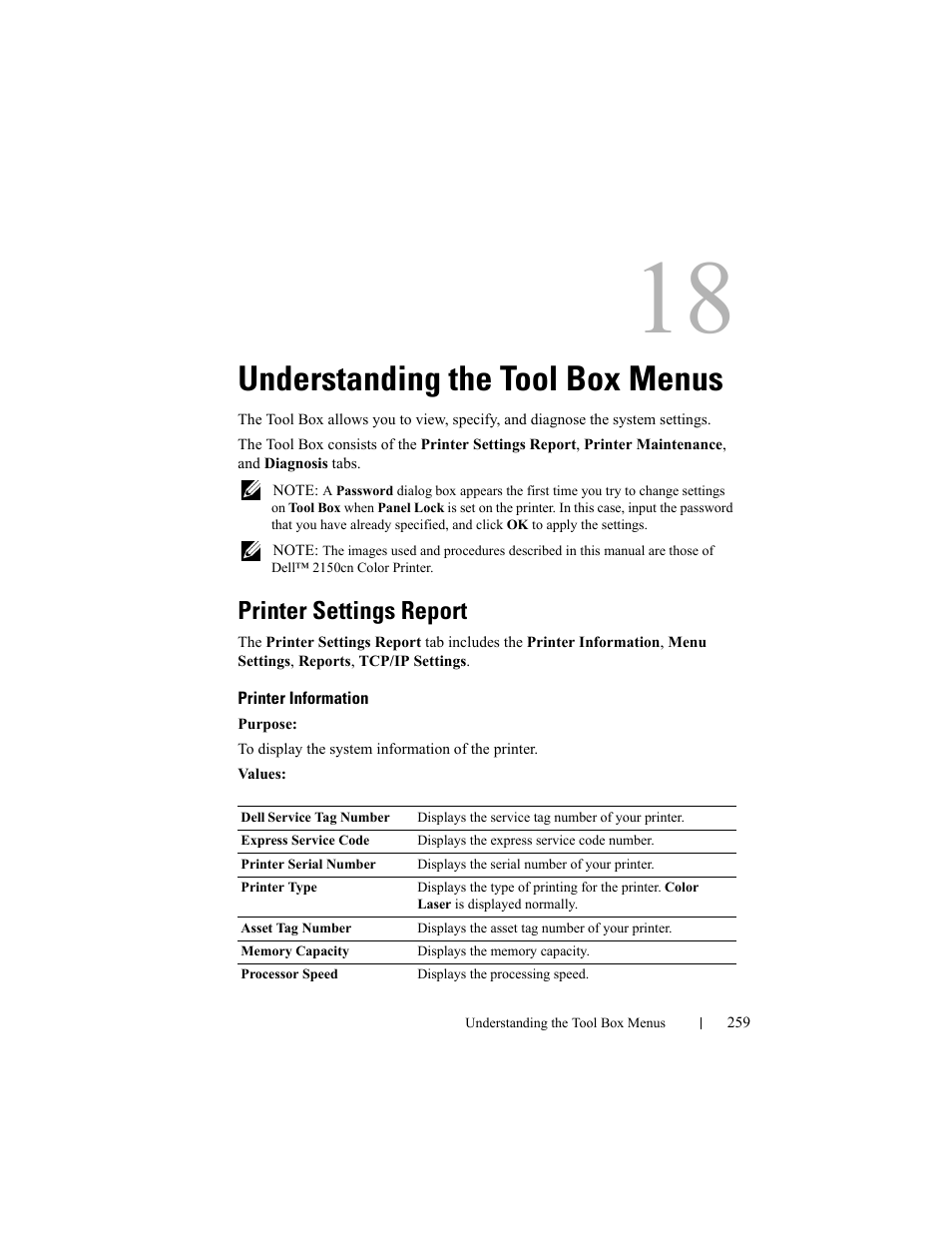 Understanding the tool box menus, Printer settings report, Printer information | Dell 2150cn/cdn Color Laser Printer User Manual | Page 261 / 495