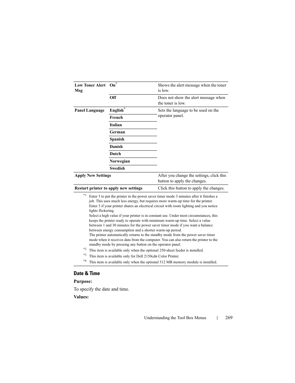 Date & time | Dell 2150cn/cdn Color Laser Printer User Manual | Page 271 / 495