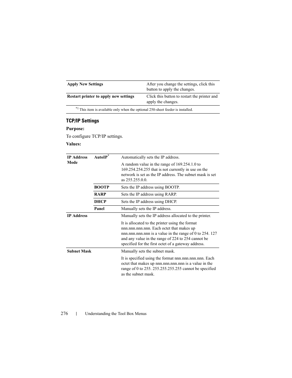 Tcp/ip settings | Dell 2150cn/cdn Color Laser Printer User Manual | Page 278 / 495