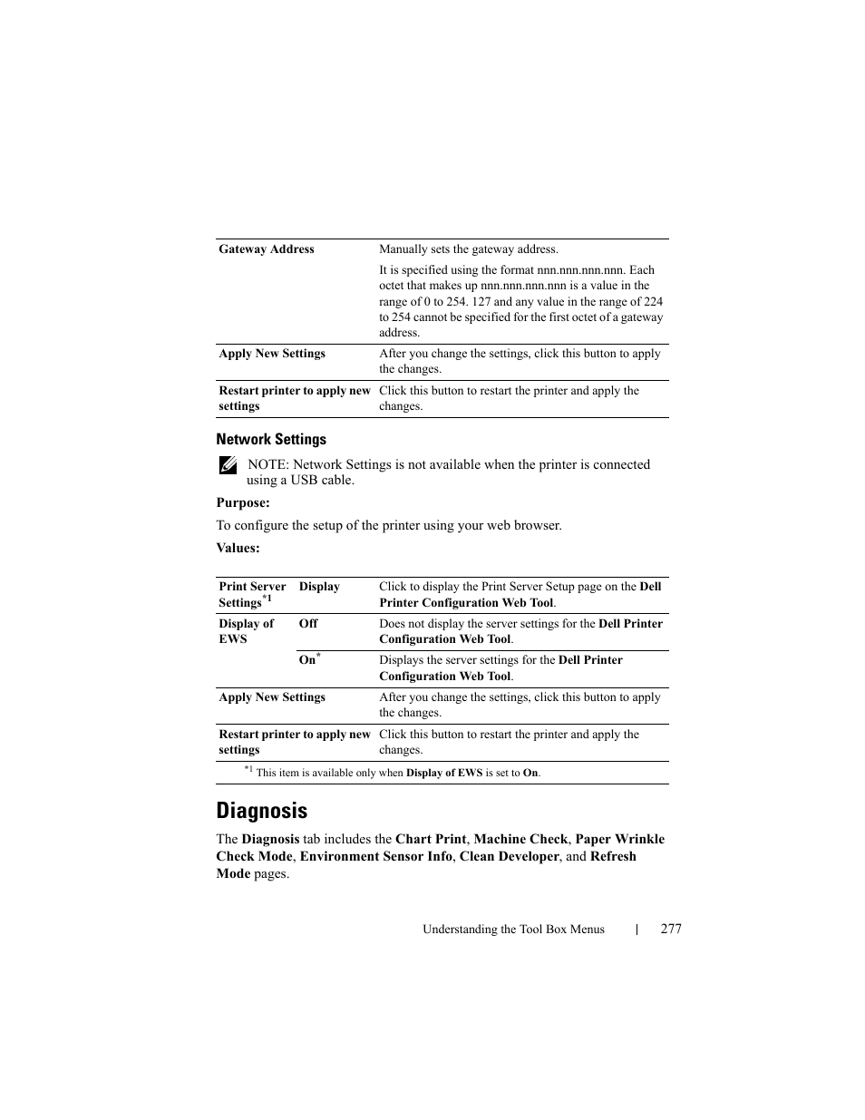 Network settings, Diagnosis | Dell 2150cn/cdn Color Laser Printer User Manual | Page 279 / 495