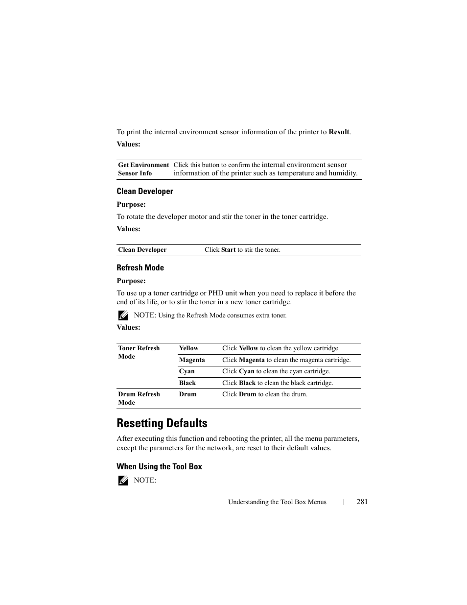 Clean developer, Refresh mode, Resetting defaults | When using the tool box | Dell 2150cn/cdn Color Laser Printer User Manual | Page 283 / 495