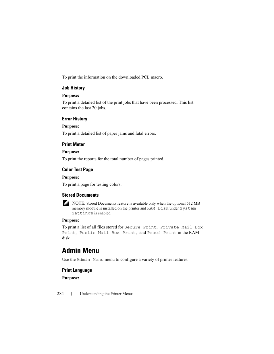 Job history, Error history, Print meter | Stored documents, Admin menu, Print language | Dell 2150cn/cdn Color Laser Printer User Manual | Page 286 / 495