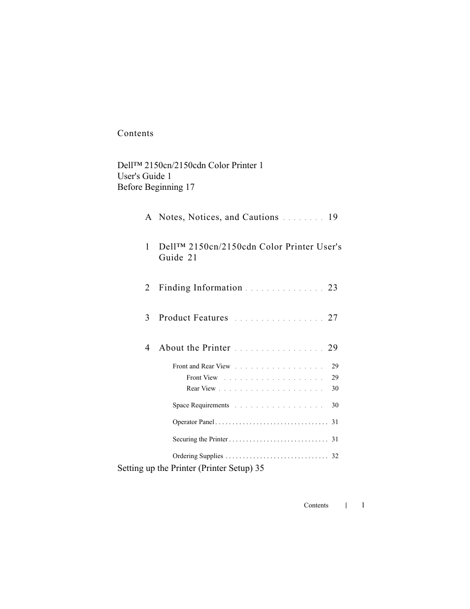 21 2 finding information, 23 3 product features, 27 4 about the printer | Setting up the printer (printer setup) 35 | Dell 2150cn/cdn Color Laser Printer User Manual | Page 3 / 495