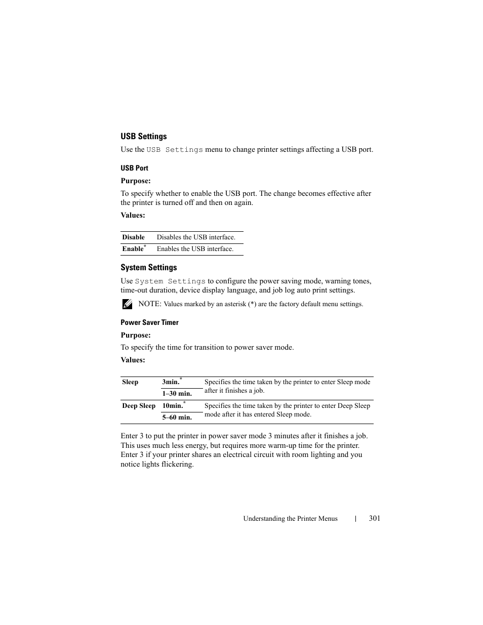 Usb settings, System settings | Dell 2150cn/cdn Color Laser Printer User Manual | Page 303 / 495