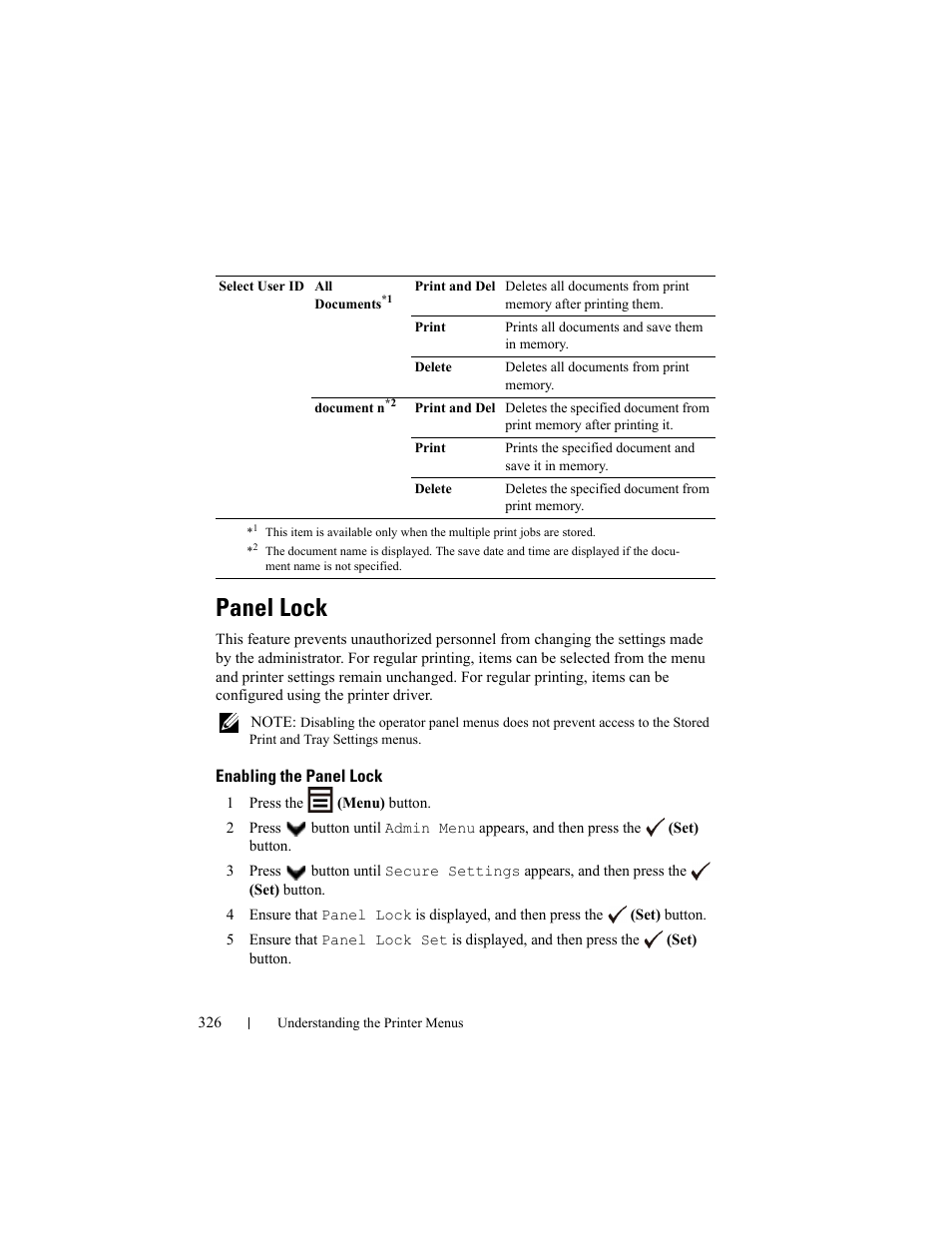 Panel lock, Enabling the panel lock | Dell 2150cn/cdn Color Laser Printer User Manual | Page 328 / 495