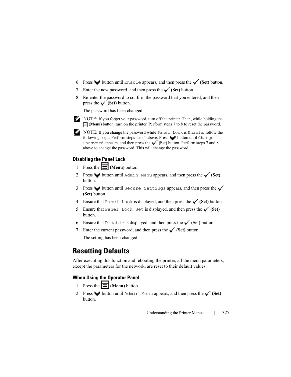 Disabling the panel lock, Resetting defaults, When using the operator panel | Dell 2150cn/cdn Color Laser Printer User Manual | Page 329 / 495