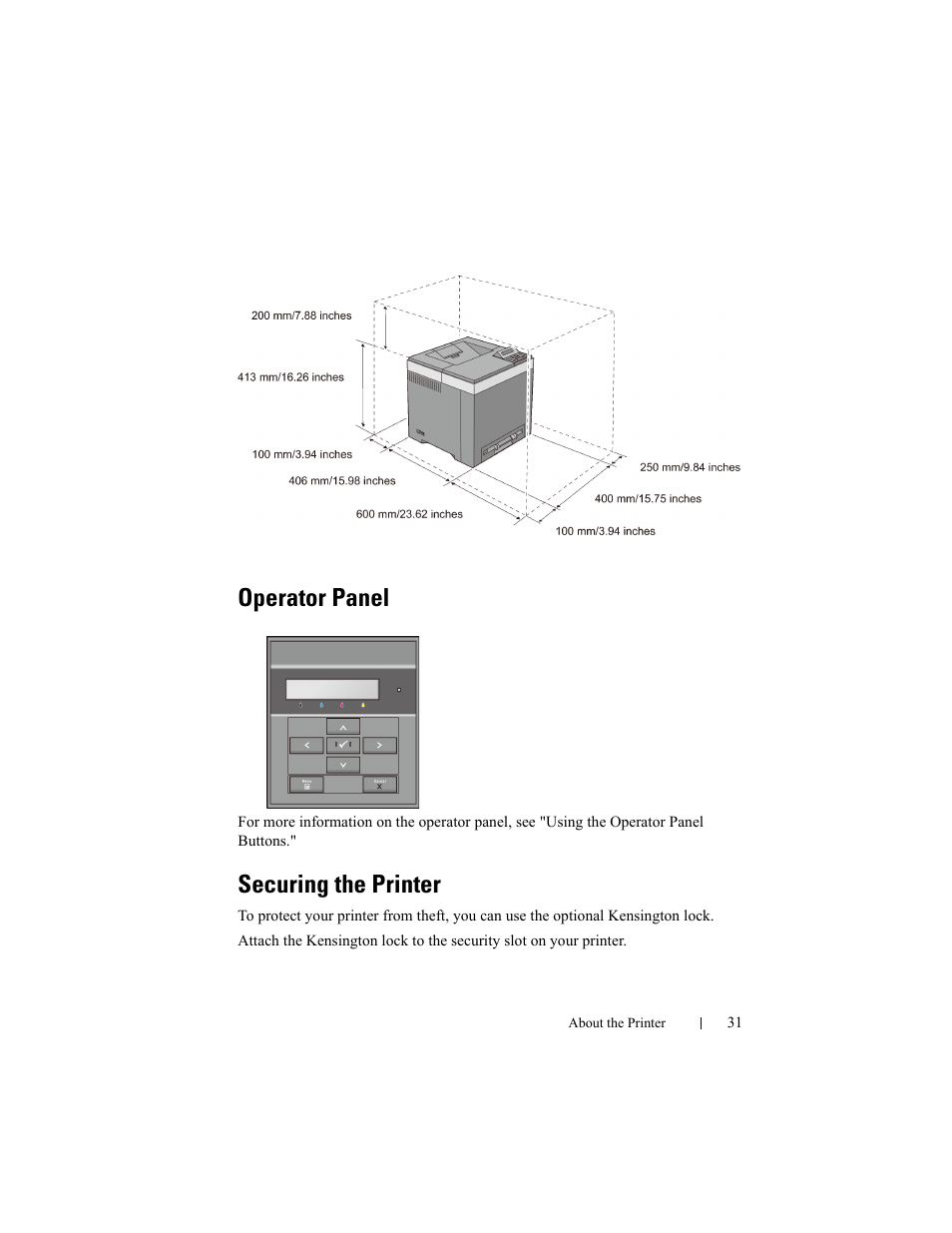 Operator panel, Securing the printer | Dell 2150cn/cdn Color Laser Printer User Manual | Page 33 / 495