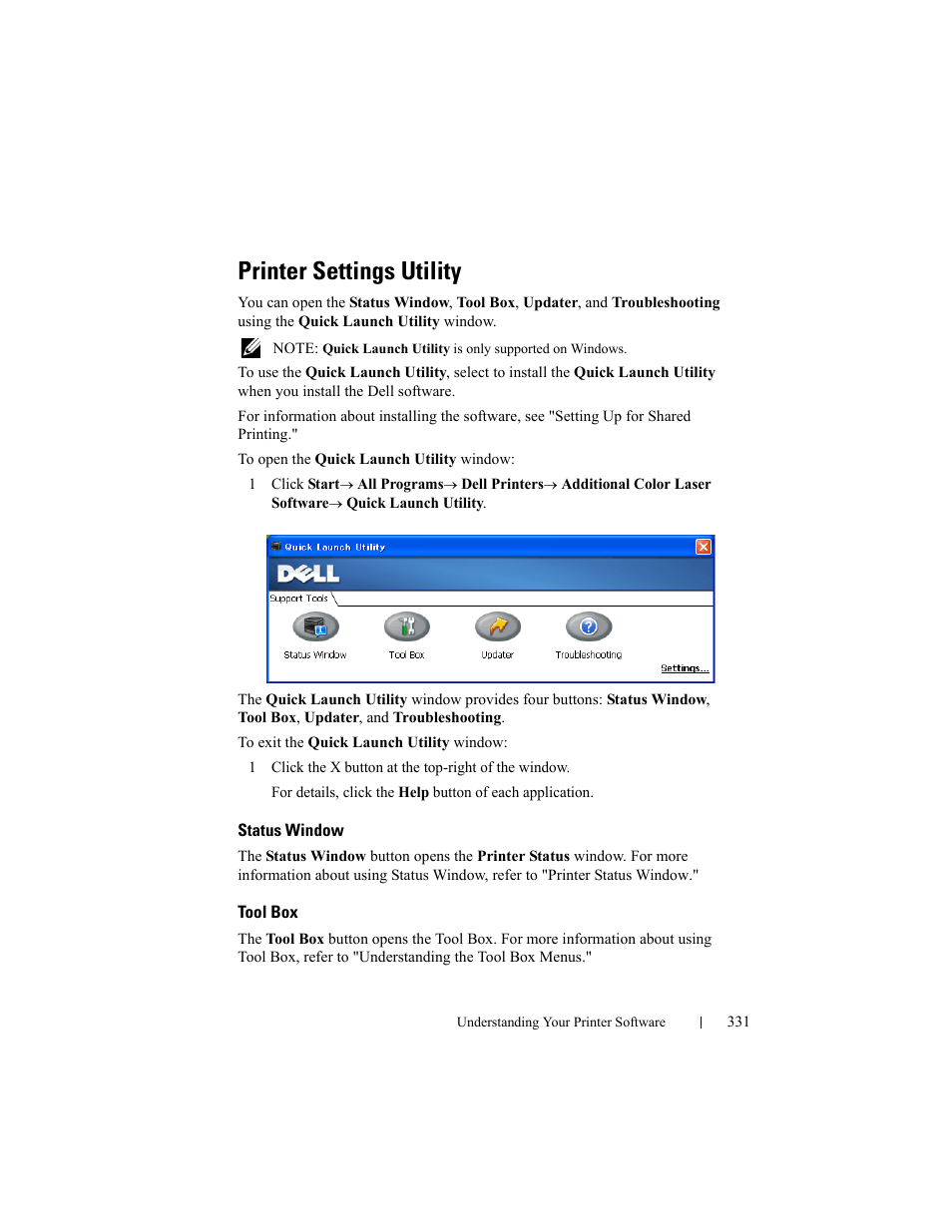 Printer settings utility, Status window, Tool box | Dell 2150cn/cdn Color Laser Printer User Manual | Page 333 / 495