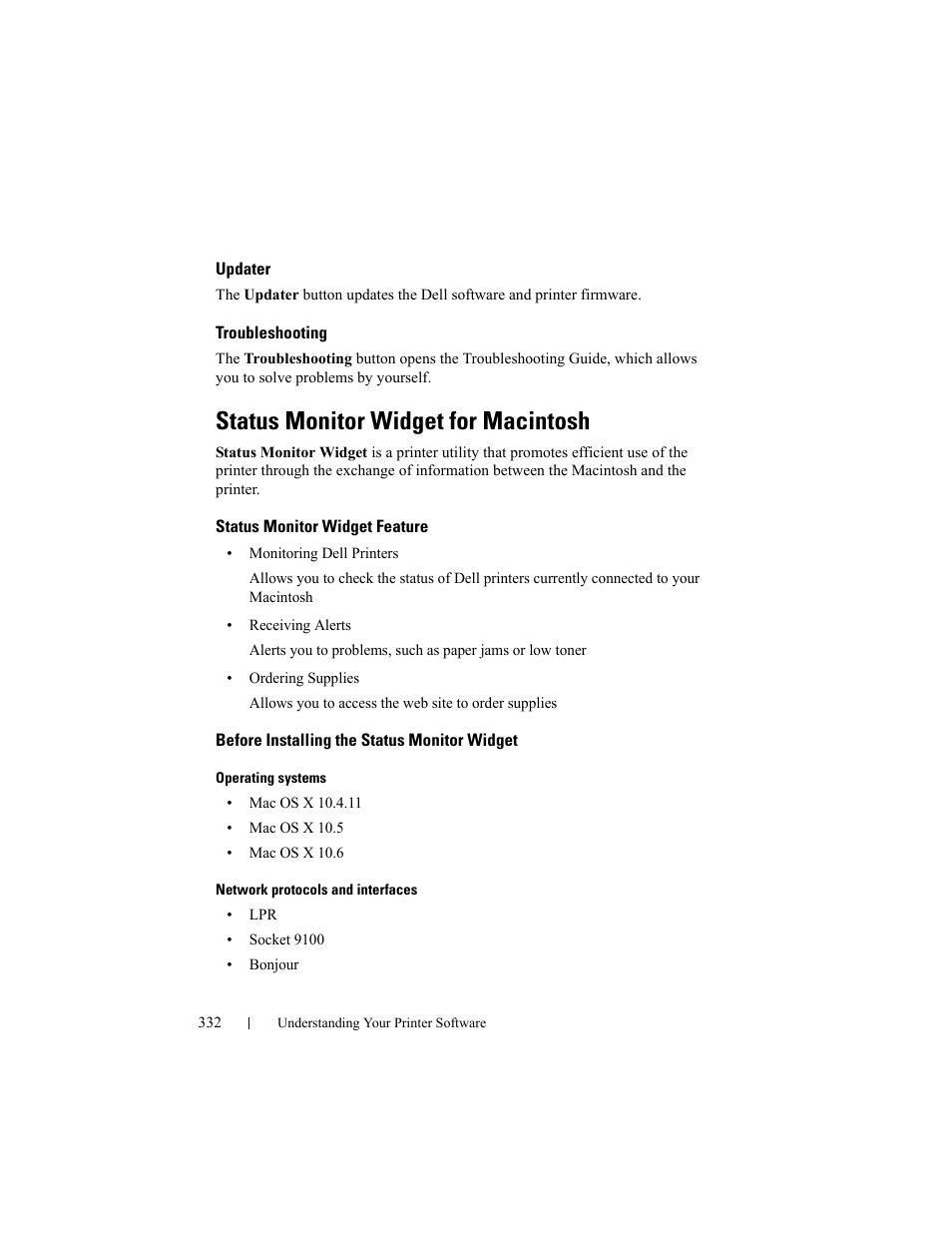 Updater, Troubleshooting, Status monitor widget for macintosh | Status monitor widget feature, Before installing the status monitor widget | Dell 2150cn/cdn Color Laser Printer User Manual | Page 334 / 495