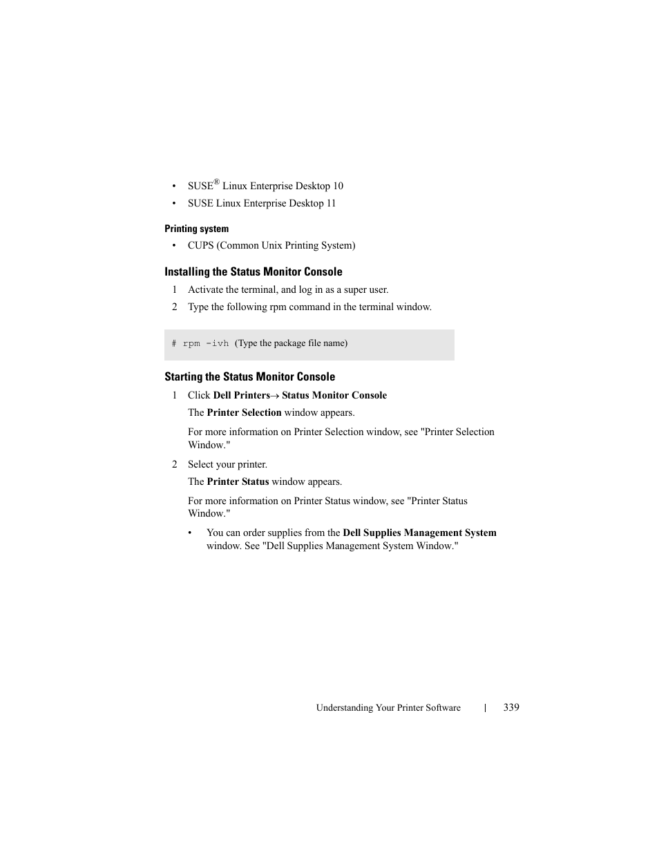 Installing the status monitor console, Starting the status monitor console | Dell 2150cn/cdn Color Laser Printer User Manual | Page 341 / 495