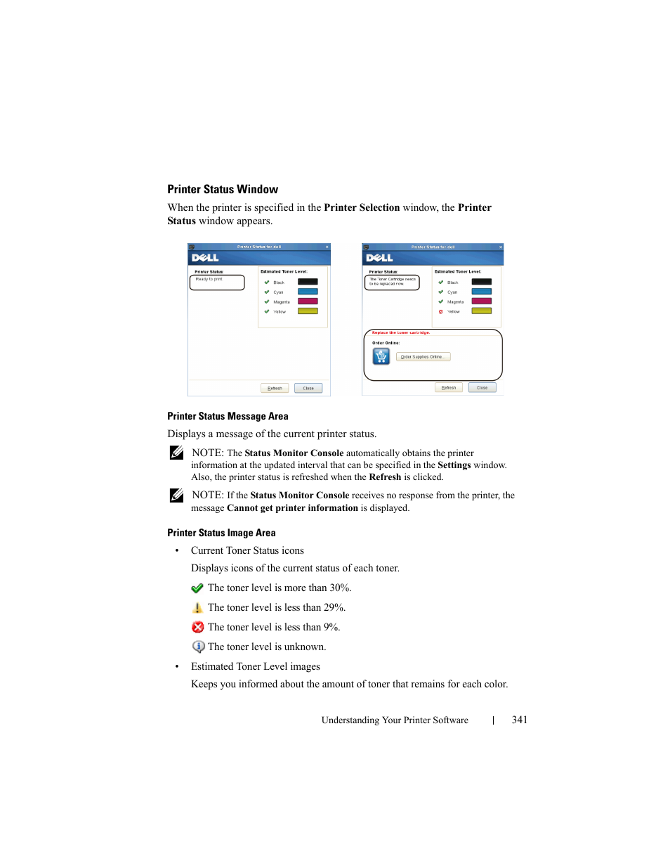 Printer status window | Dell 2150cn/cdn Color Laser Printer User Manual | Page 343 / 495