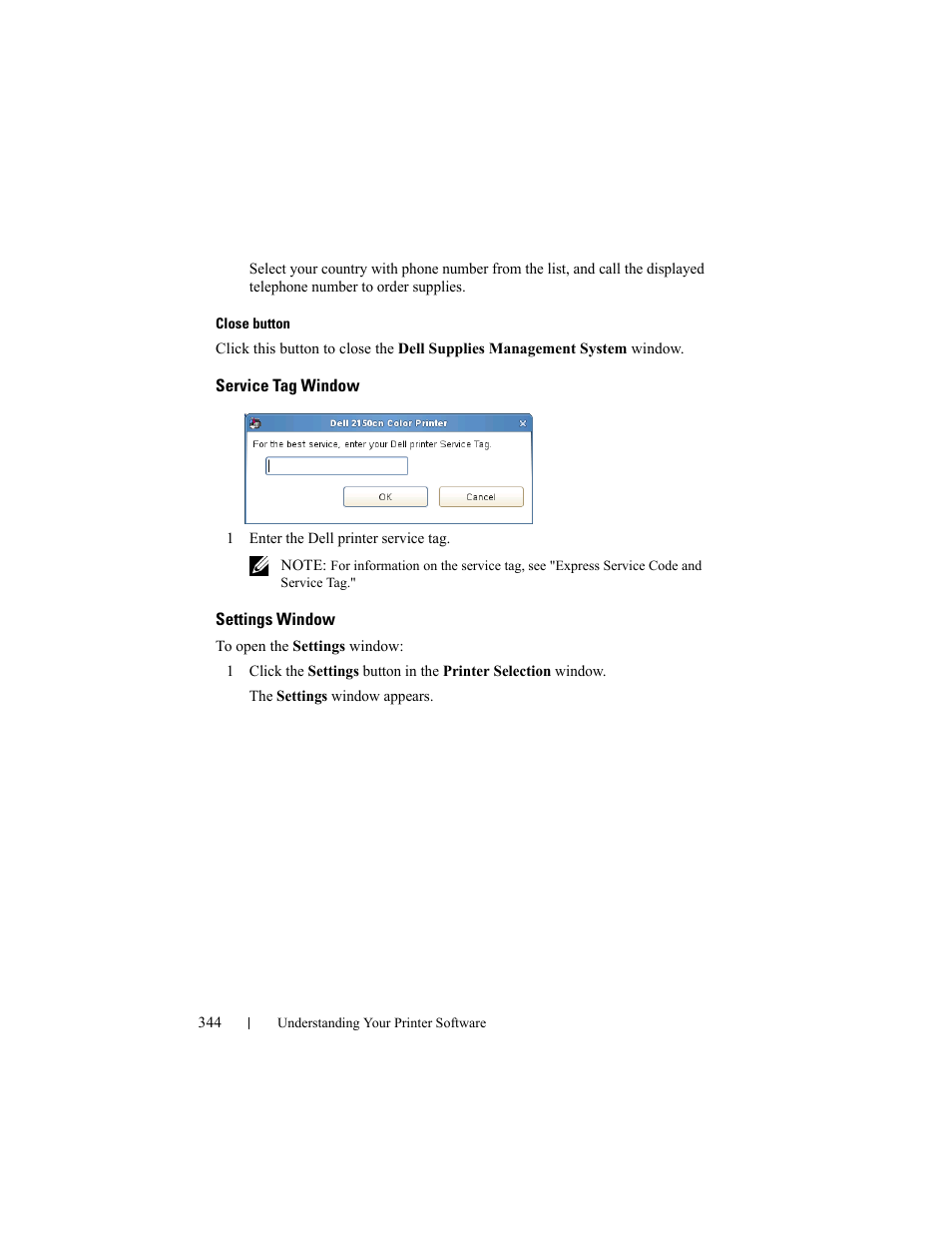 Service tag window, Settings window | Dell 2150cn/cdn Color Laser Printer User Manual | Page 346 / 495