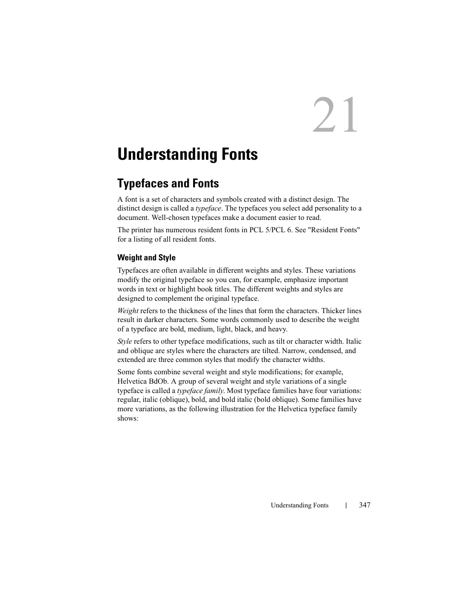 Understanding fonts, Typefaces and fonts, Weight and style | Dell 2150cn/cdn Color Laser Printer User Manual | Page 349 / 495
