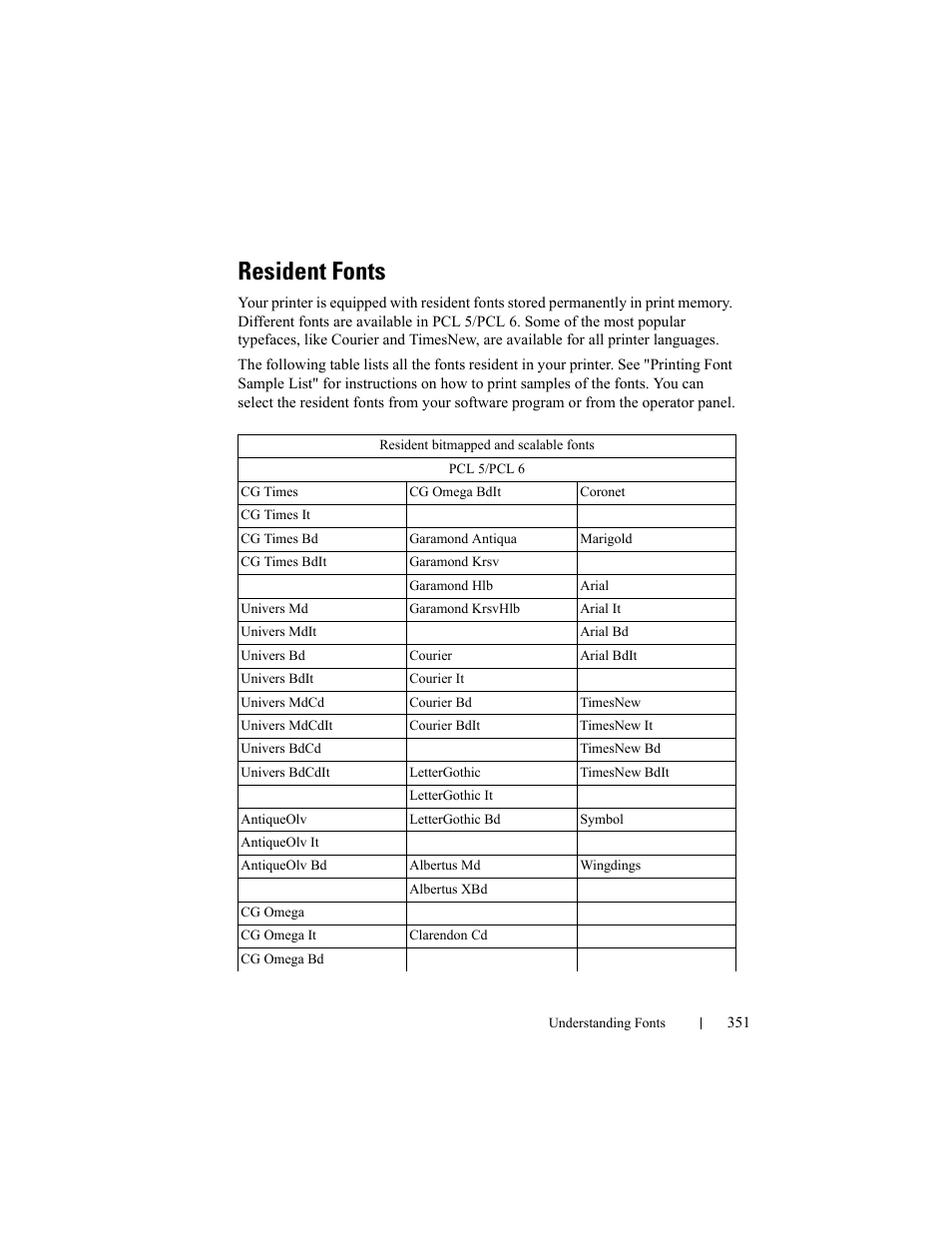 Resident fonts | Dell 2150cn/cdn Color Laser Printer User Manual | Page 353 / 495