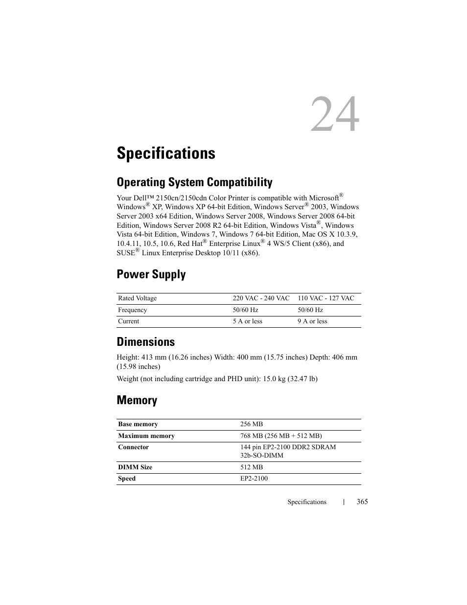 Specifications, Operating system compatibility, Power supply | Dimensions, Memory, Power supply dimensions | Dell 2150cn/cdn Color Laser Printer User Manual | Page 367 / 495