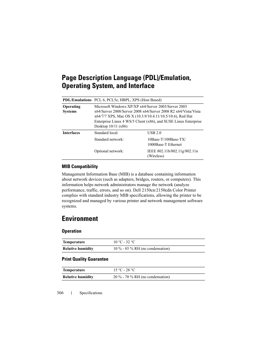 Mib compatibility, Environment, Operation | Print quality guarantee | Dell 2150cn/cdn Color Laser Printer User Manual | Page 368 / 495