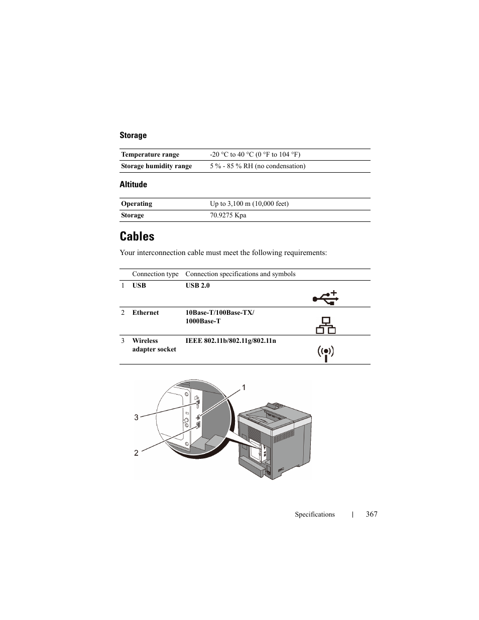 Storage, Altitude, Cables | Dell 2150cn/cdn Color Laser Printer User Manual | Page 369 / 495