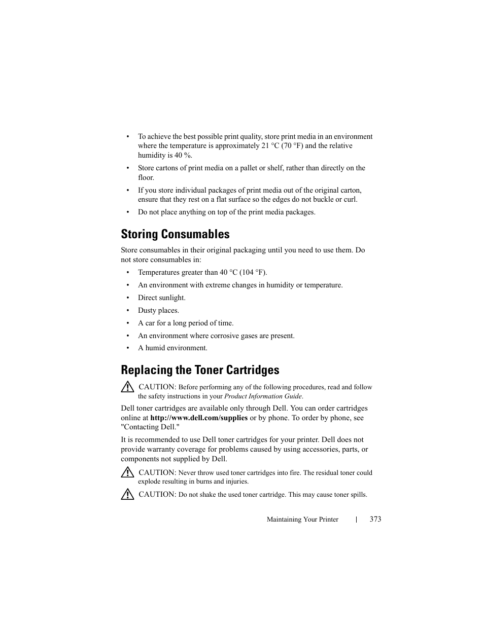 Storing consumables, Replacing the toner cartridges | Dell 2150cn/cdn Color Laser Printer User Manual | Page 375 / 495