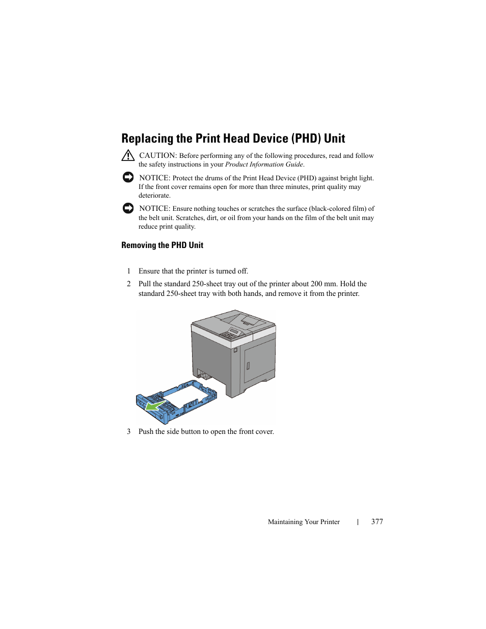 Replacing the print head device (phd) unit, Removing the phd unit | Dell 2150cn/cdn Color Laser Printer User Manual | Page 379 / 495