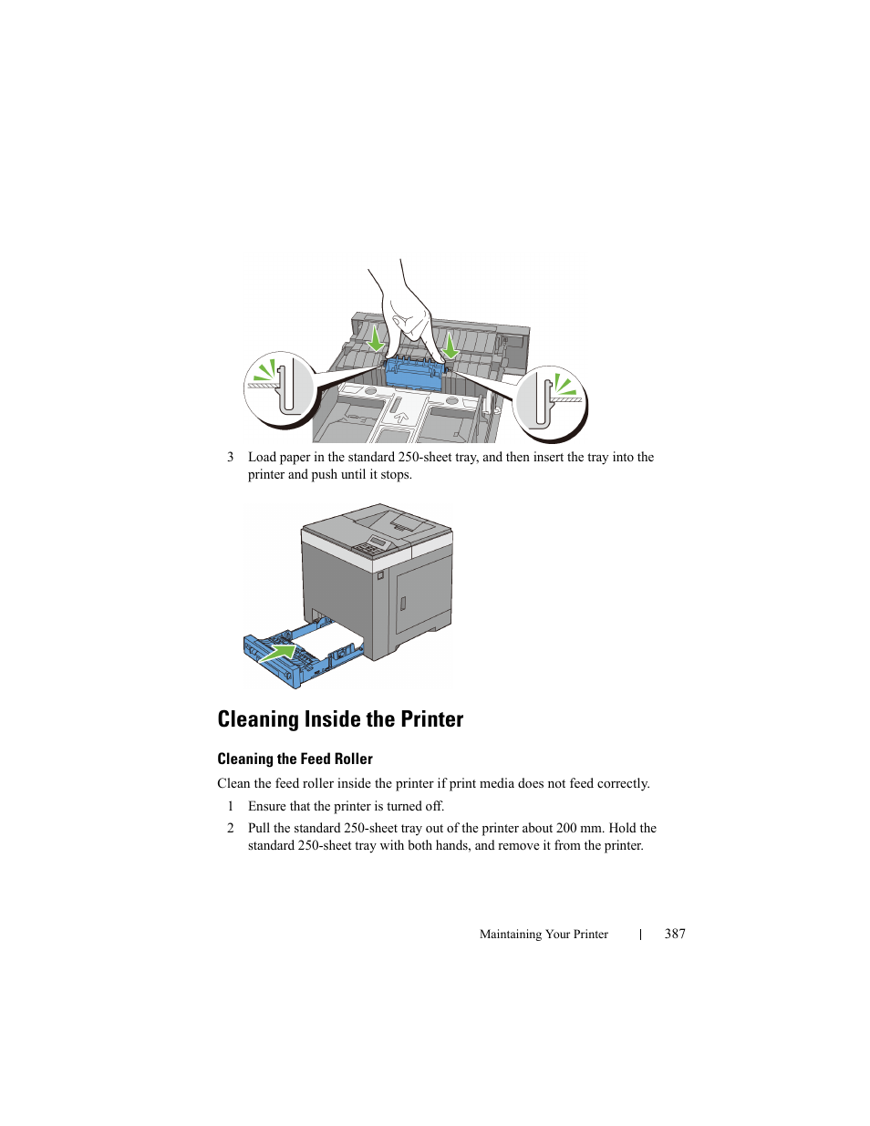 Cleaning inside the printer, Cleaning the feed roller | Dell 2150cn/cdn Color Laser Printer User Manual | Page 389 / 495