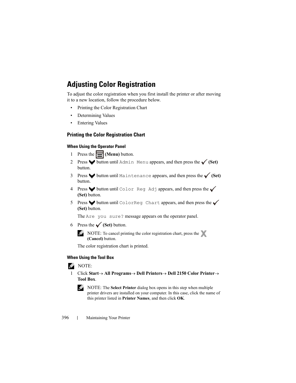 Adjusting color registration, Printing the color registration chart | Dell 2150cn/cdn Color Laser Printer User Manual | Page 398 / 495
