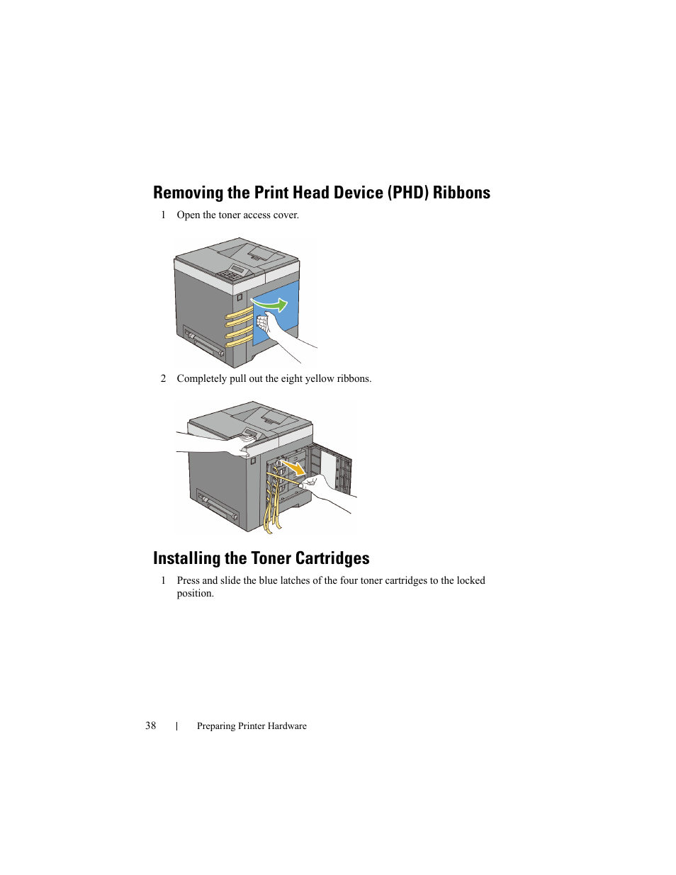 Removing the print head device (phd) ribbons, Installing the toner cartridges | Dell 2150cn/cdn Color Laser Printer User Manual | Page 40 / 495