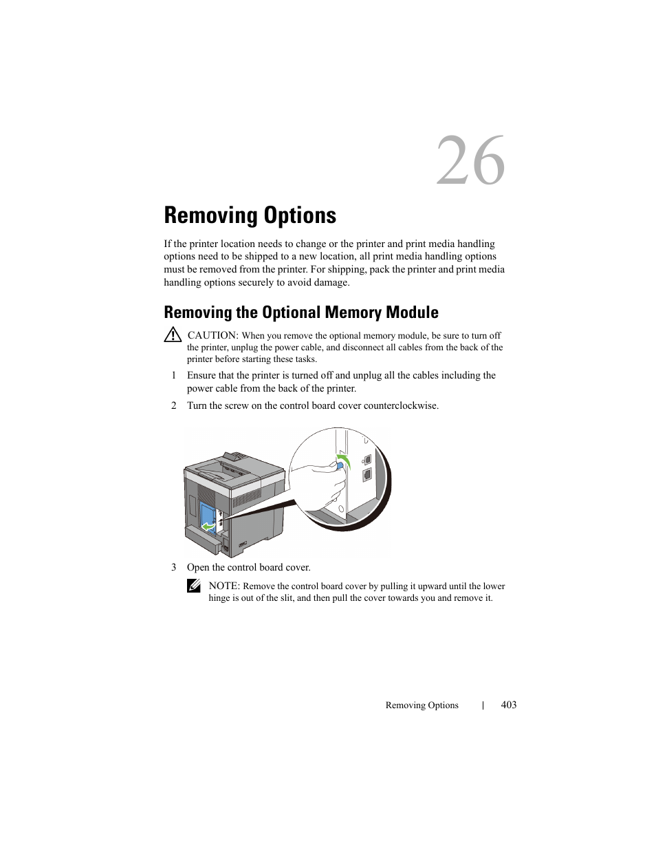 Removing options, Removing the optional memory module | Dell 2150cn/cdn Color Laser Printer User Manual | Page 405 / 495