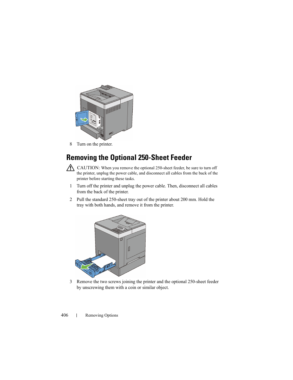 Removing the optional 250-sheet feeder | Dell 2150cn/cdn Color Laser Printer User Manual | Page 408 / 495