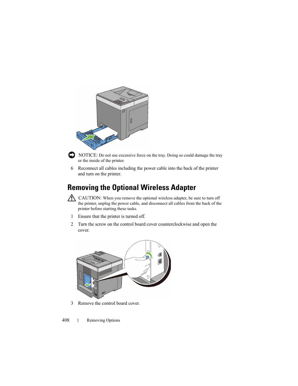 Removing the optional wireless adapter | Dell 2150cn/cdn Color Laser Printer User Manual | Page 410 / 495