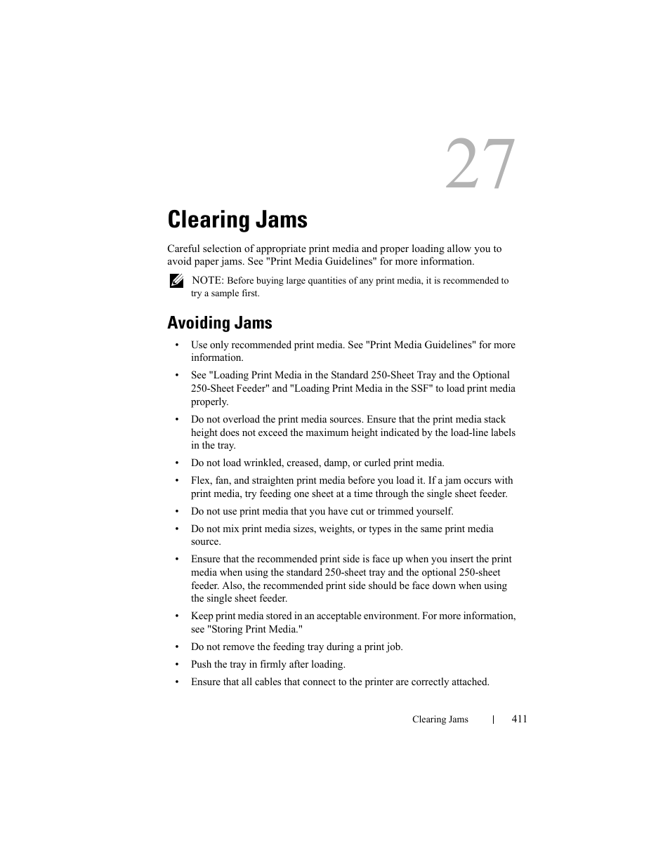 Clearing jams, Avoiding jams | Dell 2150cn/cdn Color Laser Printer User Manual | Page 413 / 495