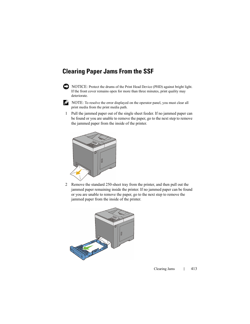 Clearing paper jams from the ssf | Dell 2150cn/cdn Color Laser Printer User Manual | Page 415 / 495