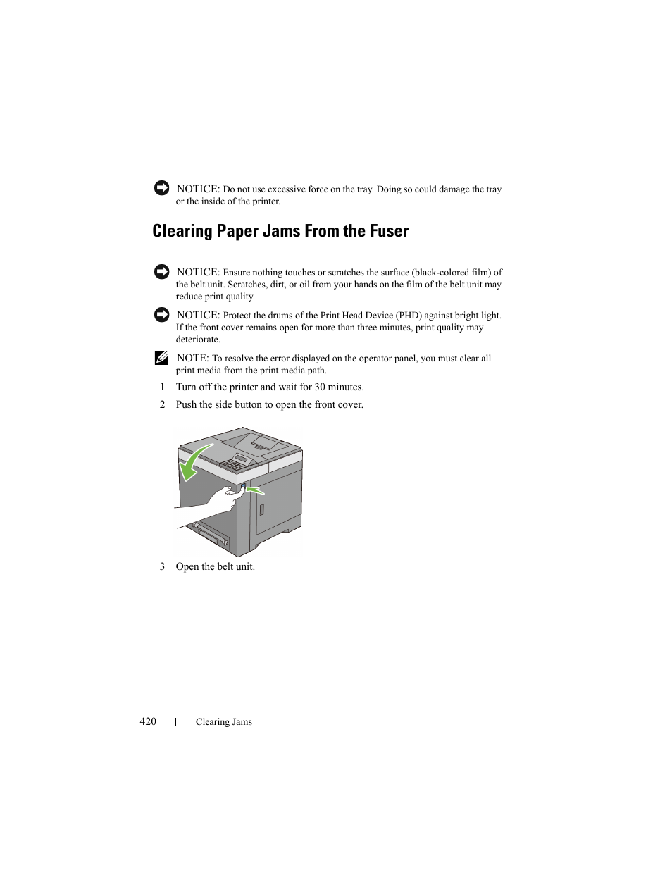 Clearing paper jams from the fuser | Dell 2150cn/cdn Color Laser Printer User Manual | Page 422 / 495