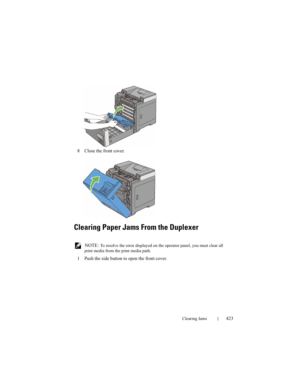 Clearing paper jams from the duplexer | Dell 2150cn/cdn Color Laser Printer User Manual | Page 425 / 495