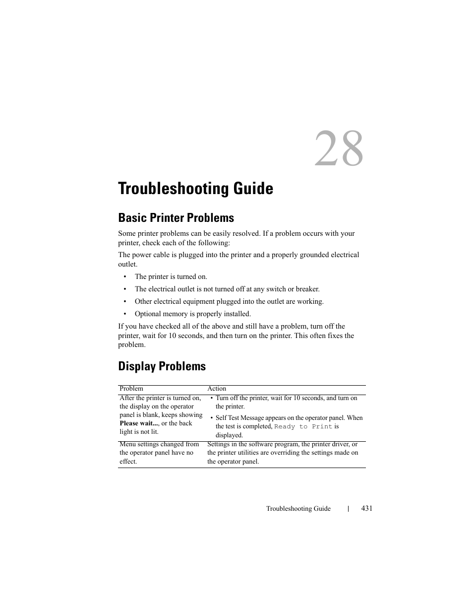 Troubleshooting guide, Basic printer problems, Display problems | Dell 2150cn/cdn Color Laser Printer User Manual | Page 433 / 495