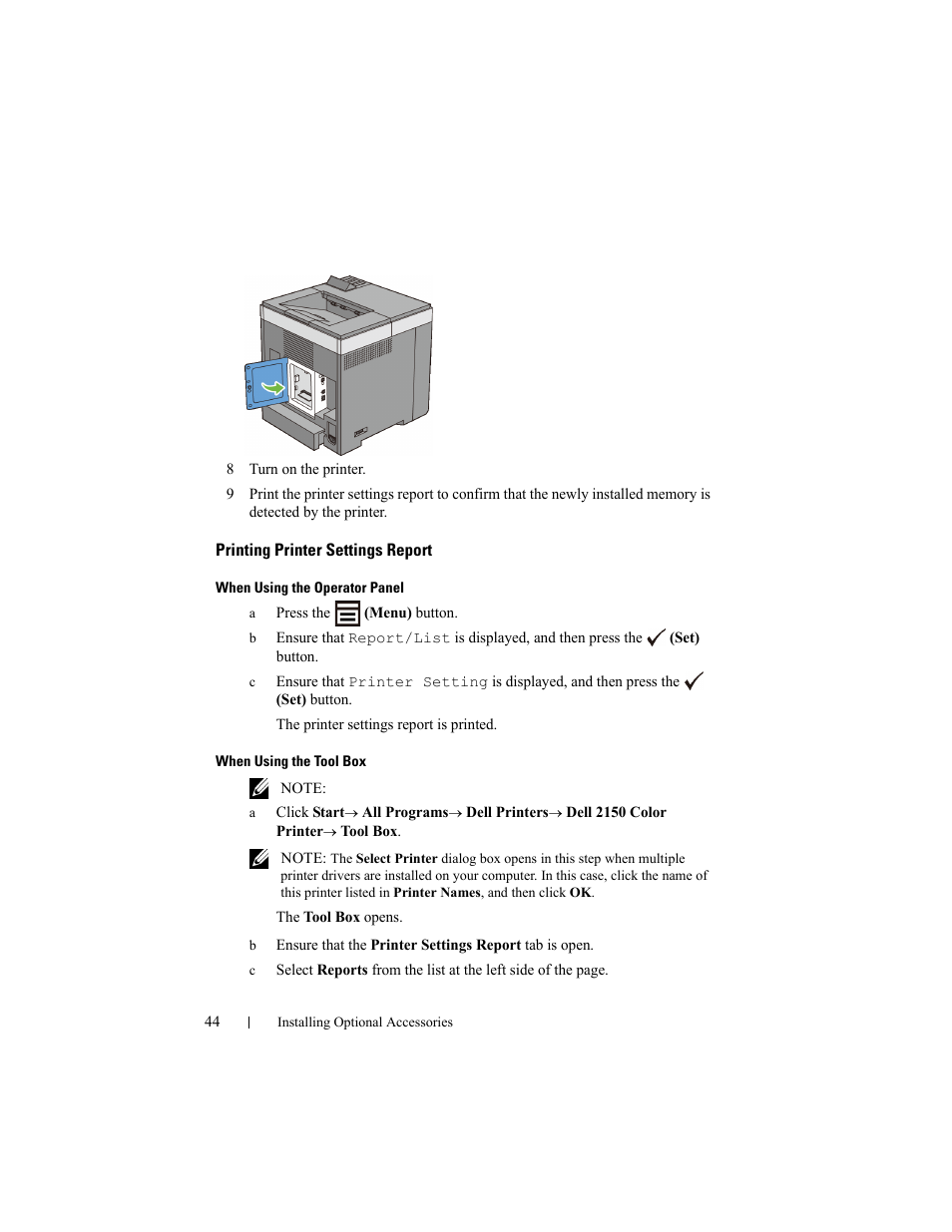 Printing printer settings report | Dell 2150cn/cdn Color Laser Printer User Manual | Page 46 / 495