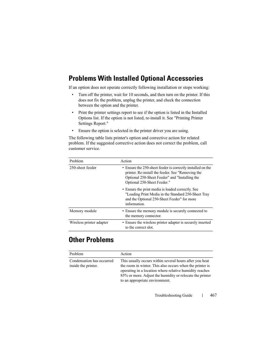 Problems with installed optional accessories, Other problems | Dell 2150cn/cdn Color Laser Printer User Manual | Page 469 / 495