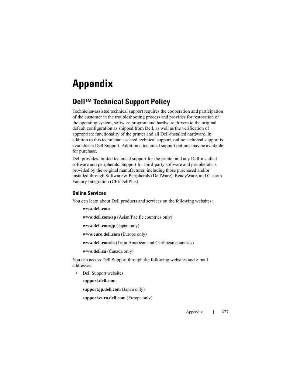 Appendix, Dell™ technical support policy, Online services | Dell 2150cn/cdn Color Laser Printer User Manual | Page 479 / 495