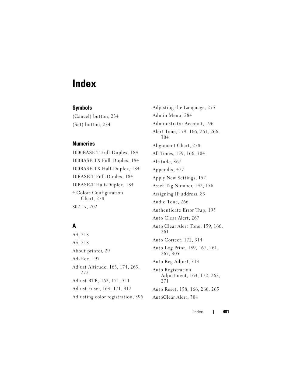 Index | Dell 2150cn/cdn Color Laser Printer User Manual | Page 483 / 495