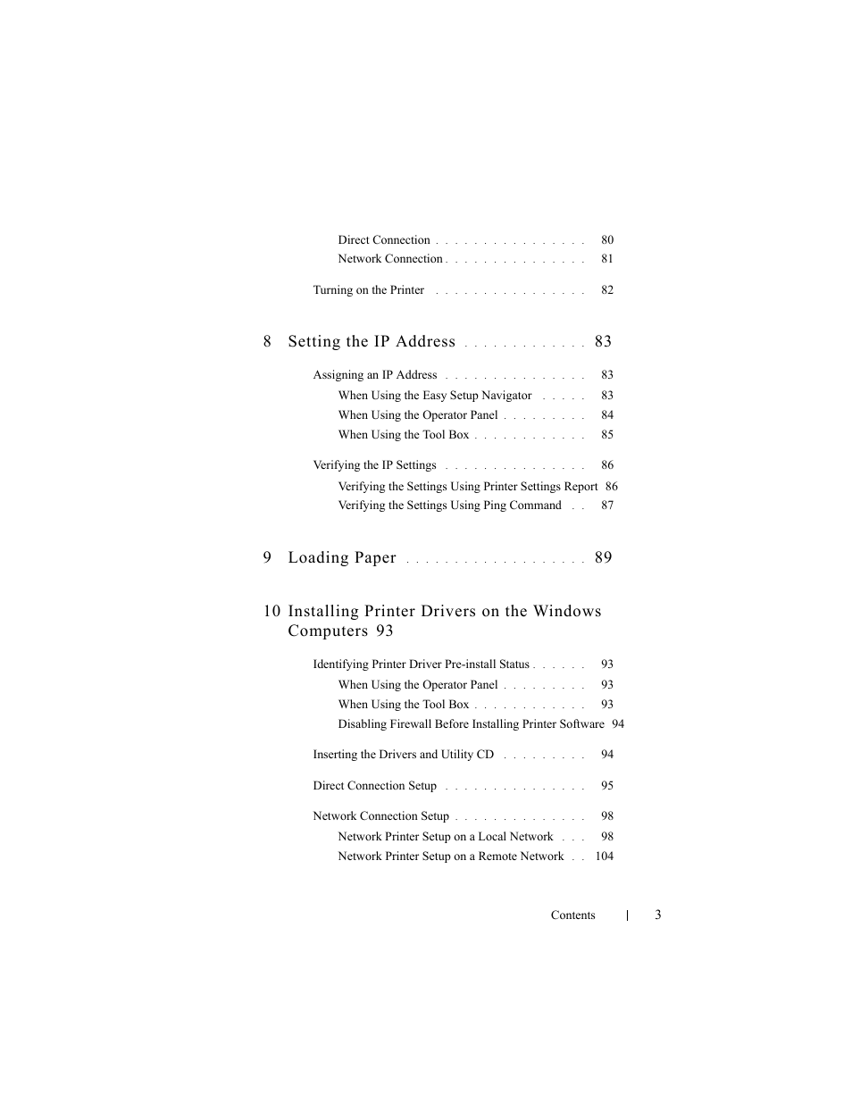 8 setting the ip address, 9 loading paper | Dell 2150cn/cdn Color Laser Printer User Manual | Page 5 / 495